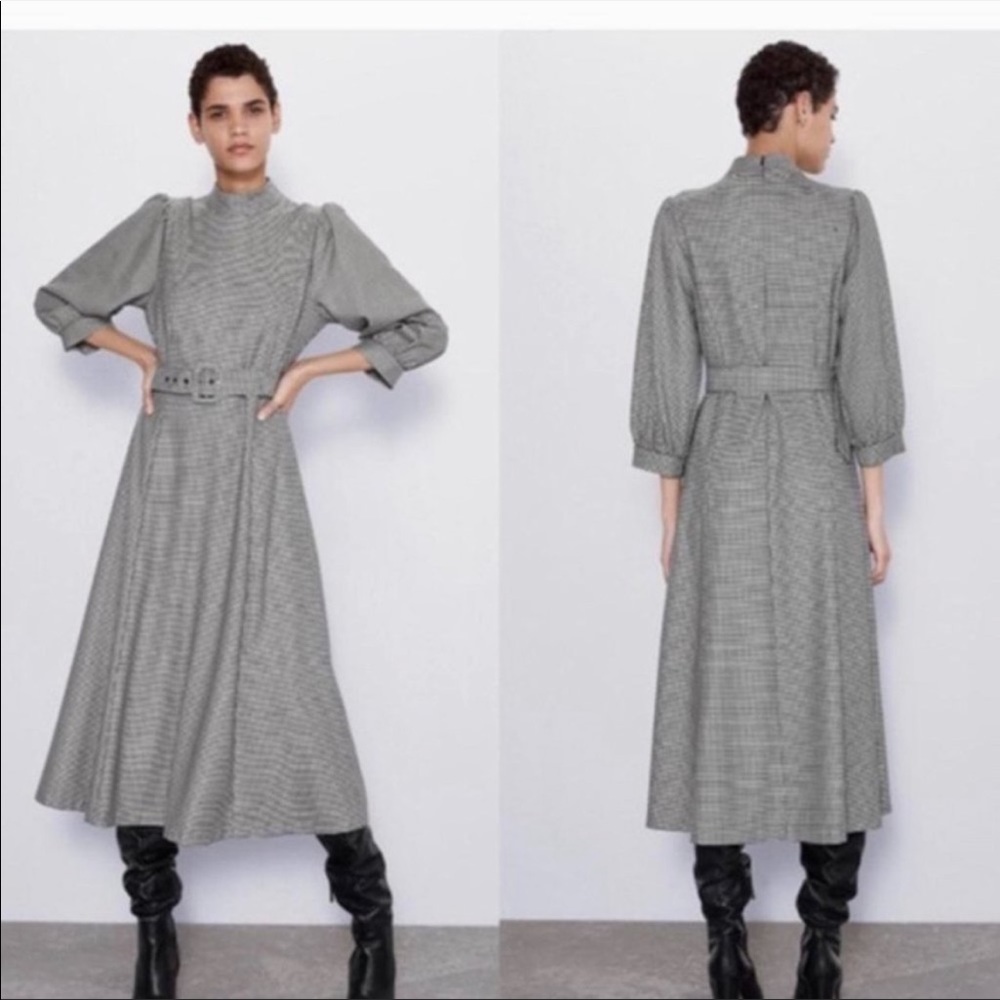 Zara Houndstooth Belted Dress